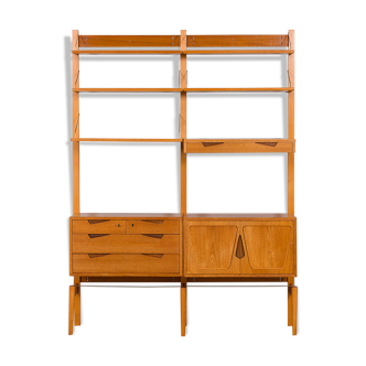 Rival 2 bay teak wall unit with 3 cabinets and 5 shelves by Brodrene Jatogs Norway, Kjell Riise, 196