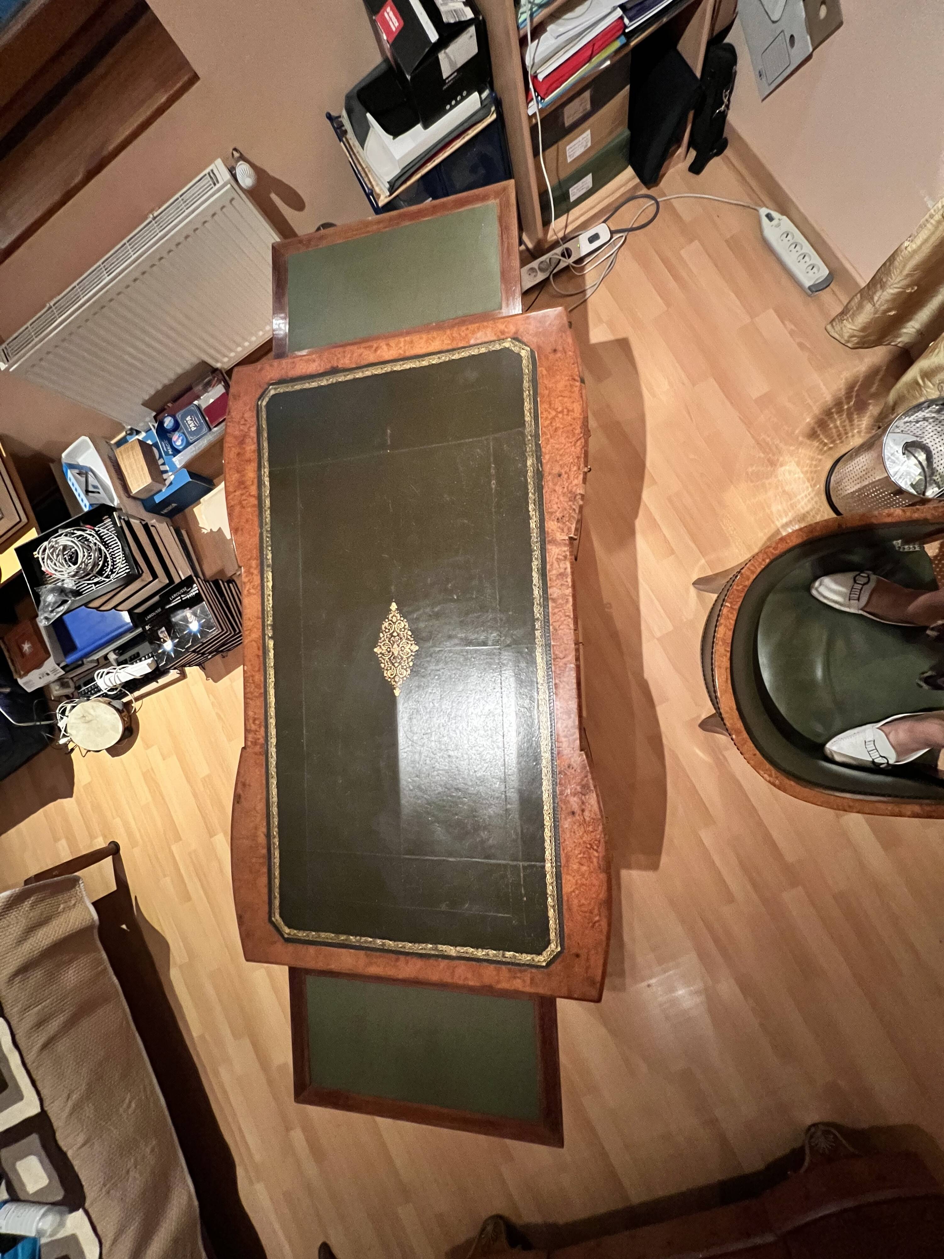 Antique Empire-style desk in burr veneer, green leather, with a dash.