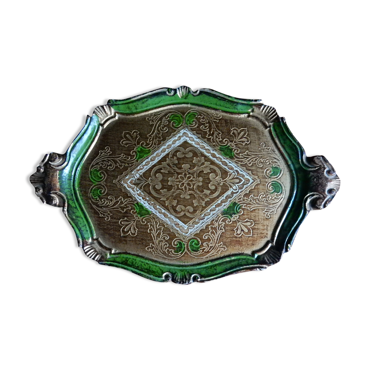 Venetian tray in wood decoration green and gold