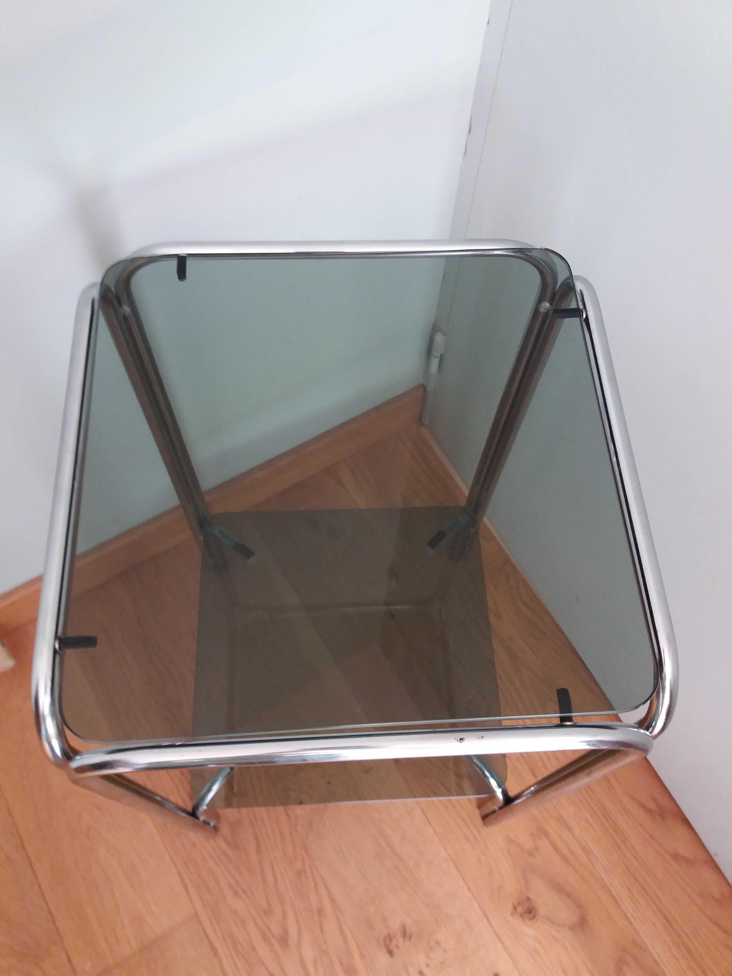 Console end table in chrome metal and smoked glass Space Age