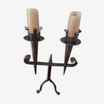 Candle holder with 2 branches in wrought iron, medieval style