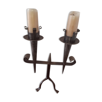 Candle holder with 2 branches in wrought iron, medieval style