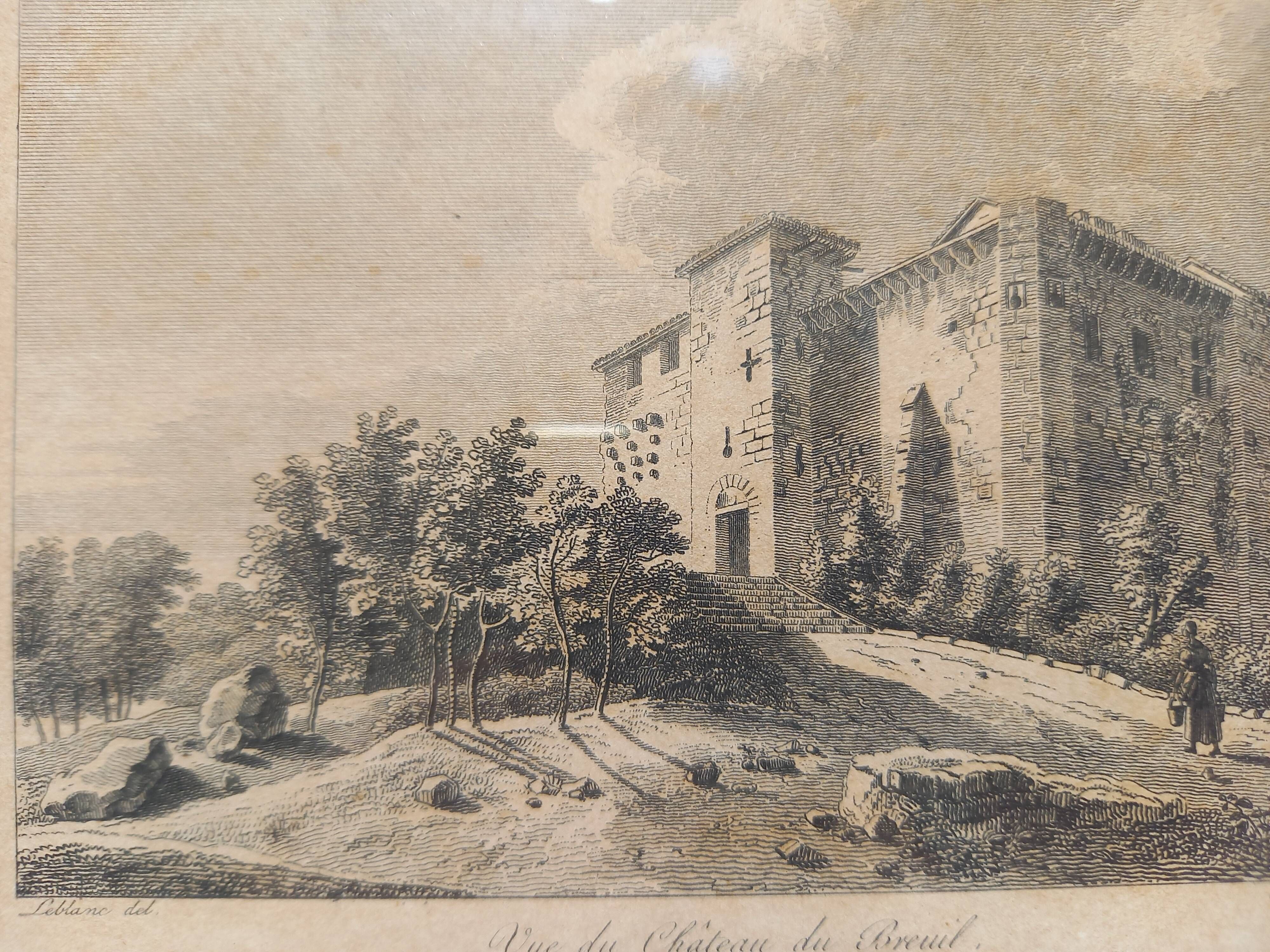 Old engraving, view of the Château de Breuil, Bordeaux castle, Gironde