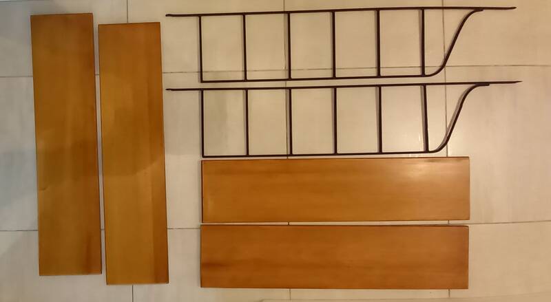 Vintage metal and solid wood string style wall shelf.