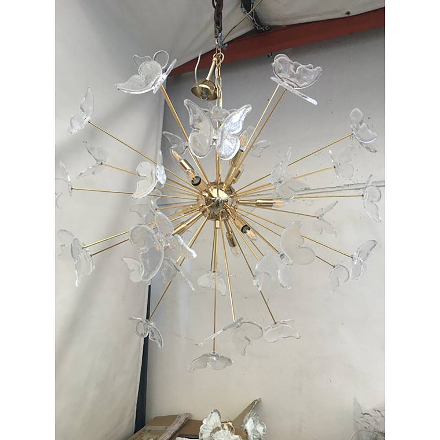 Murano Glass Sputnik Chandelier in Gold 24 Karat and Clear Butterfly