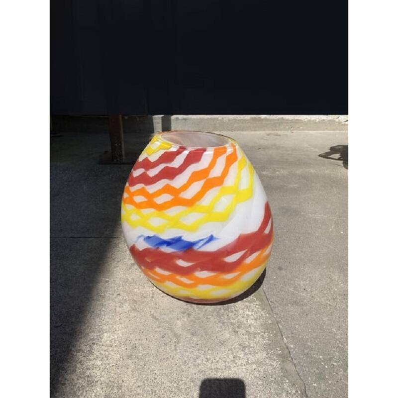 Contemporary abstract vase in milky white murano glass attributed with colored reeds