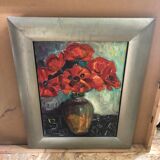 Ancien tableau huile sur toile bouquet de fleurs + cadre bois gris vintage
