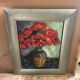 Old oil painting on canvas bouquet of flowers + vintage gray wood frame