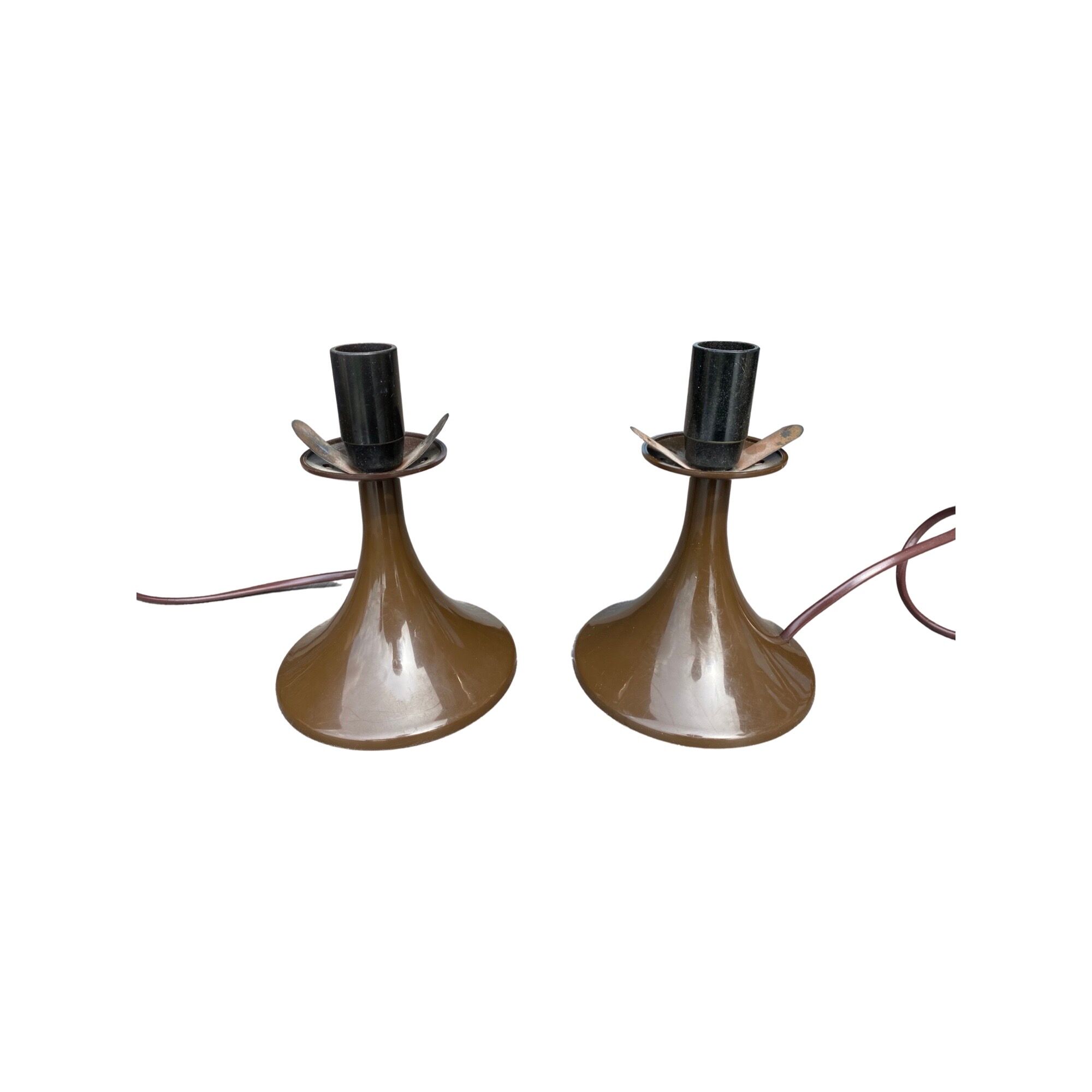 Set of 2 Retro Tulip Lamps | Space Age Lights Dutch Design With Brown Plastic Base And Linen Shades