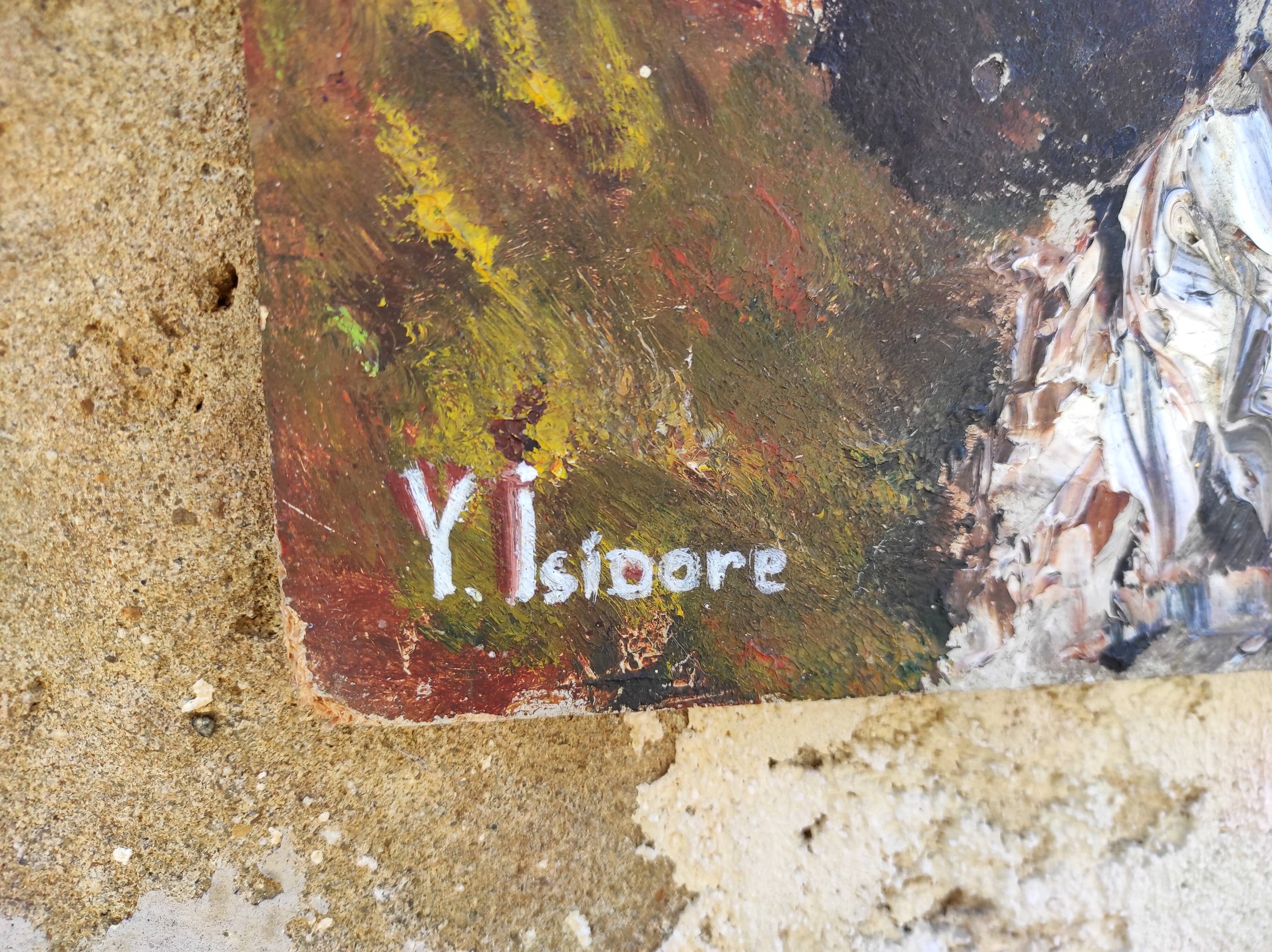 Peinture à l'huile vintage française représentant un cocker anglais, signée par Y. Isidore