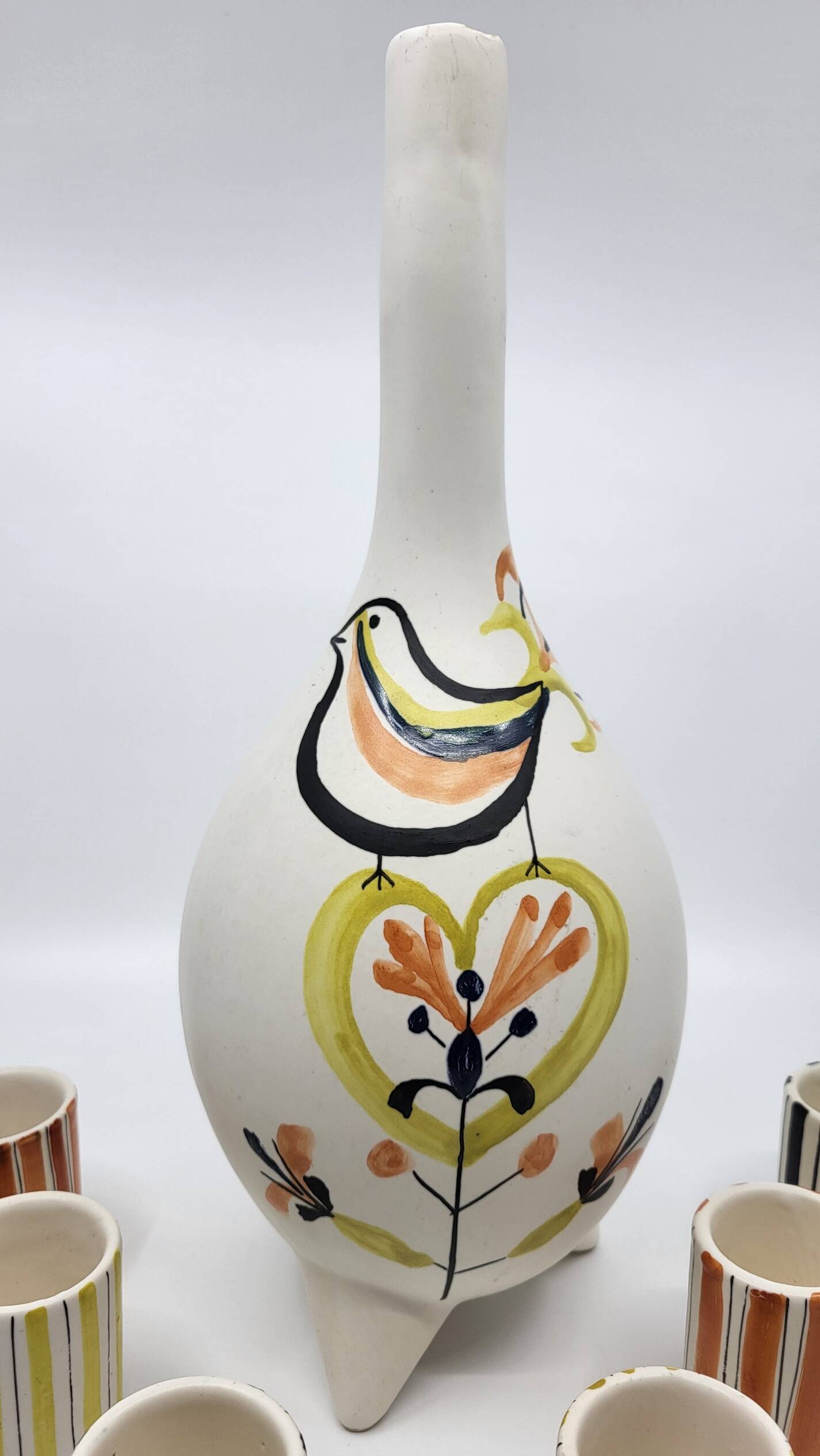 Roger Capron liqueur service bottle and 6 cups in French ceramic Vallauris