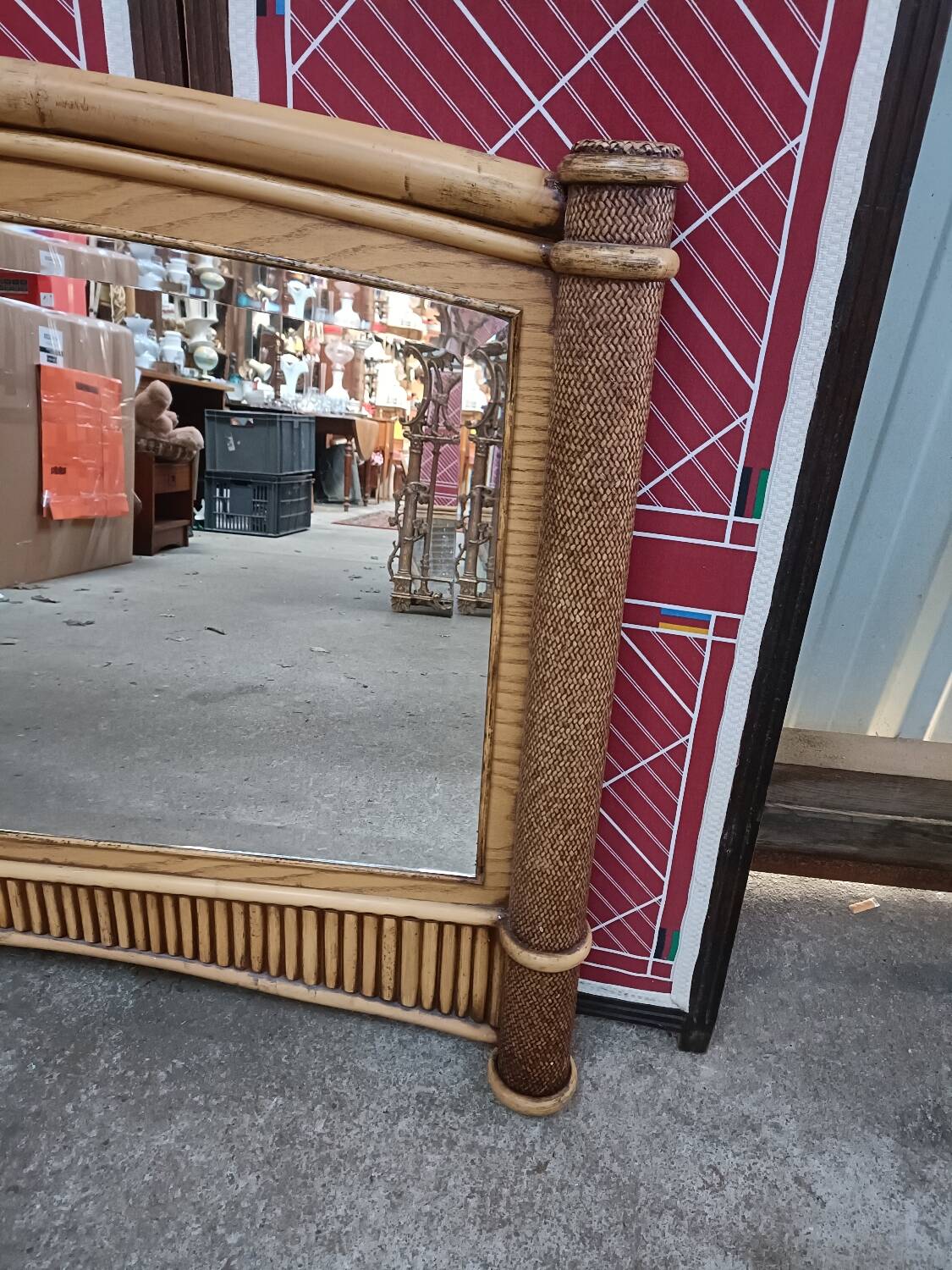 Vintage bamboo and cane wall mirror, beveled glass