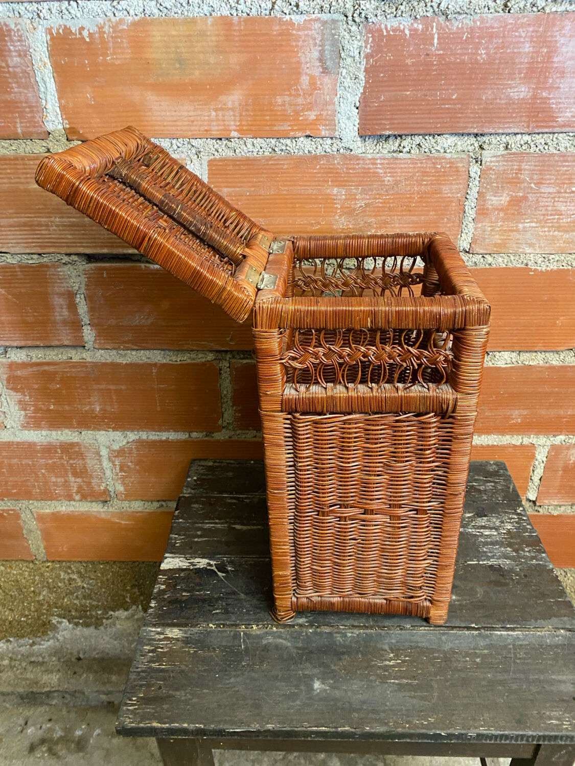 Antique basket, tall wicker woven bread basket, vintage laundry basket