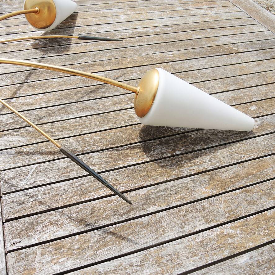 Antique 5-branch chandelier in brass and white glass