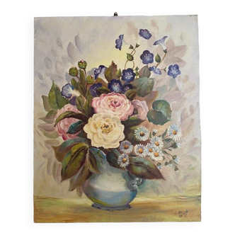 Oil painting bouquet of flowers in a vase.