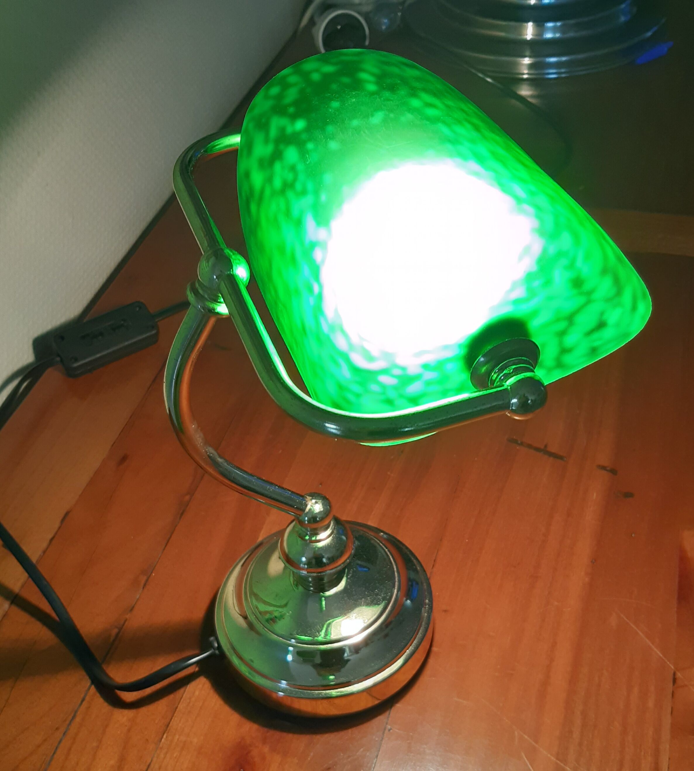 Glass and old brass banker lamp