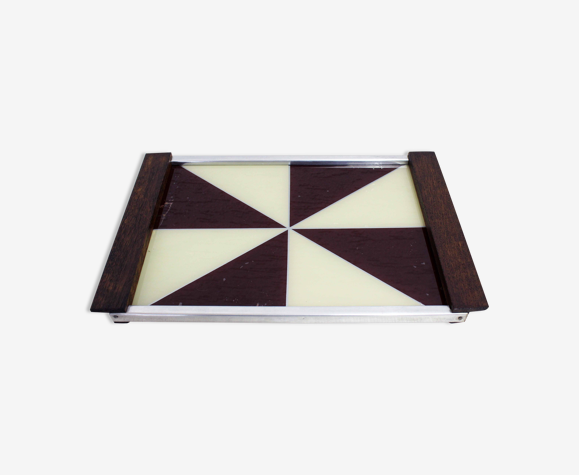 Plateau Art Déco bois et verre peint