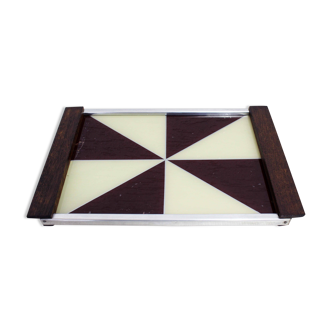 Plateau Art Deco bois et verre peint