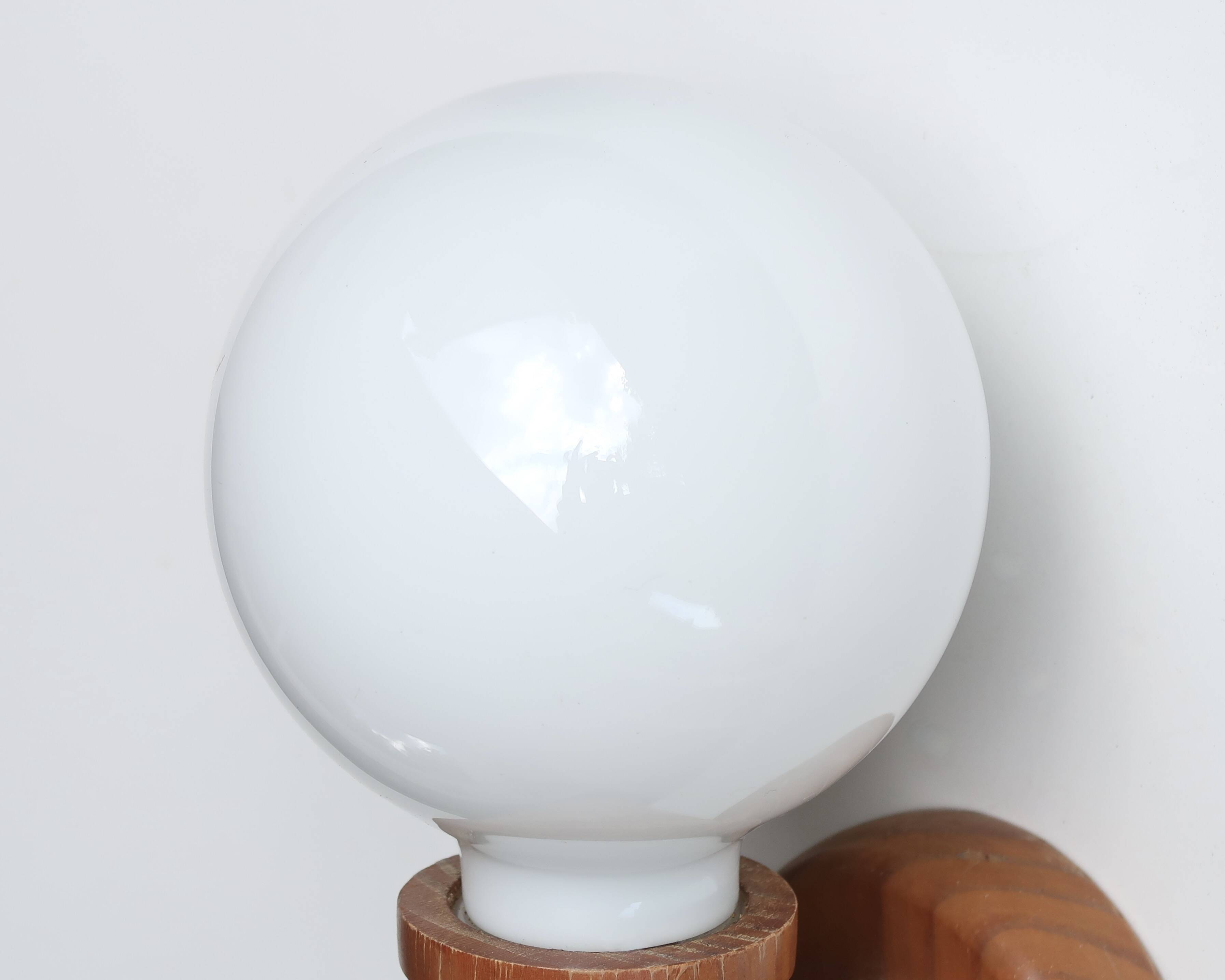 Wall lamp in pine wood and opaque white glass globe, 1970s
