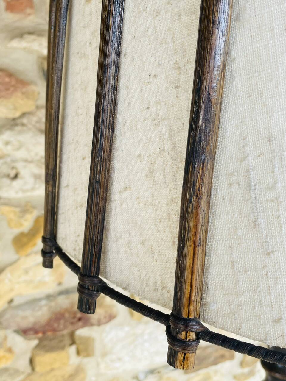 Vintage Floor Lamp Turned Wood, Bamboo Rattan Circa 1950s