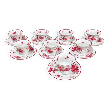Coffee service Limoges Raynaud & Co – 8 porcelain cups with pink flowers