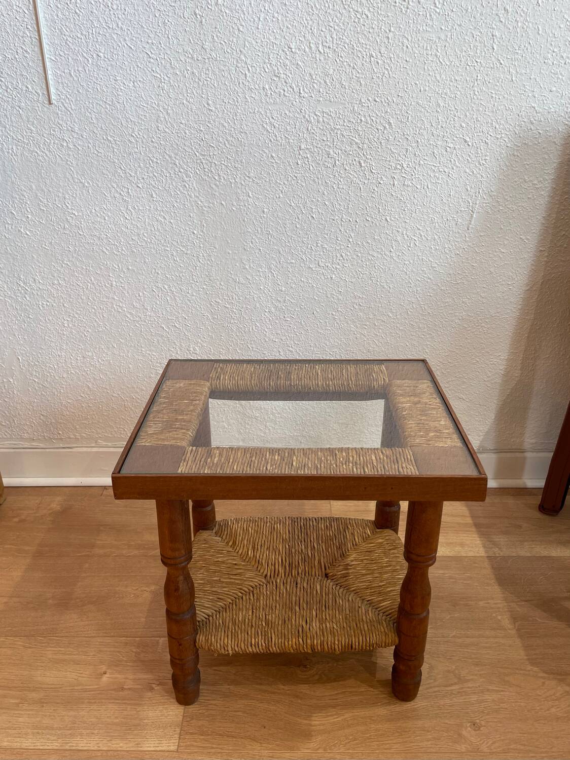 Wood, straw and glass side table, circa 1950