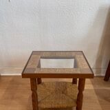 Wood, straw and glass side table, circa 1950