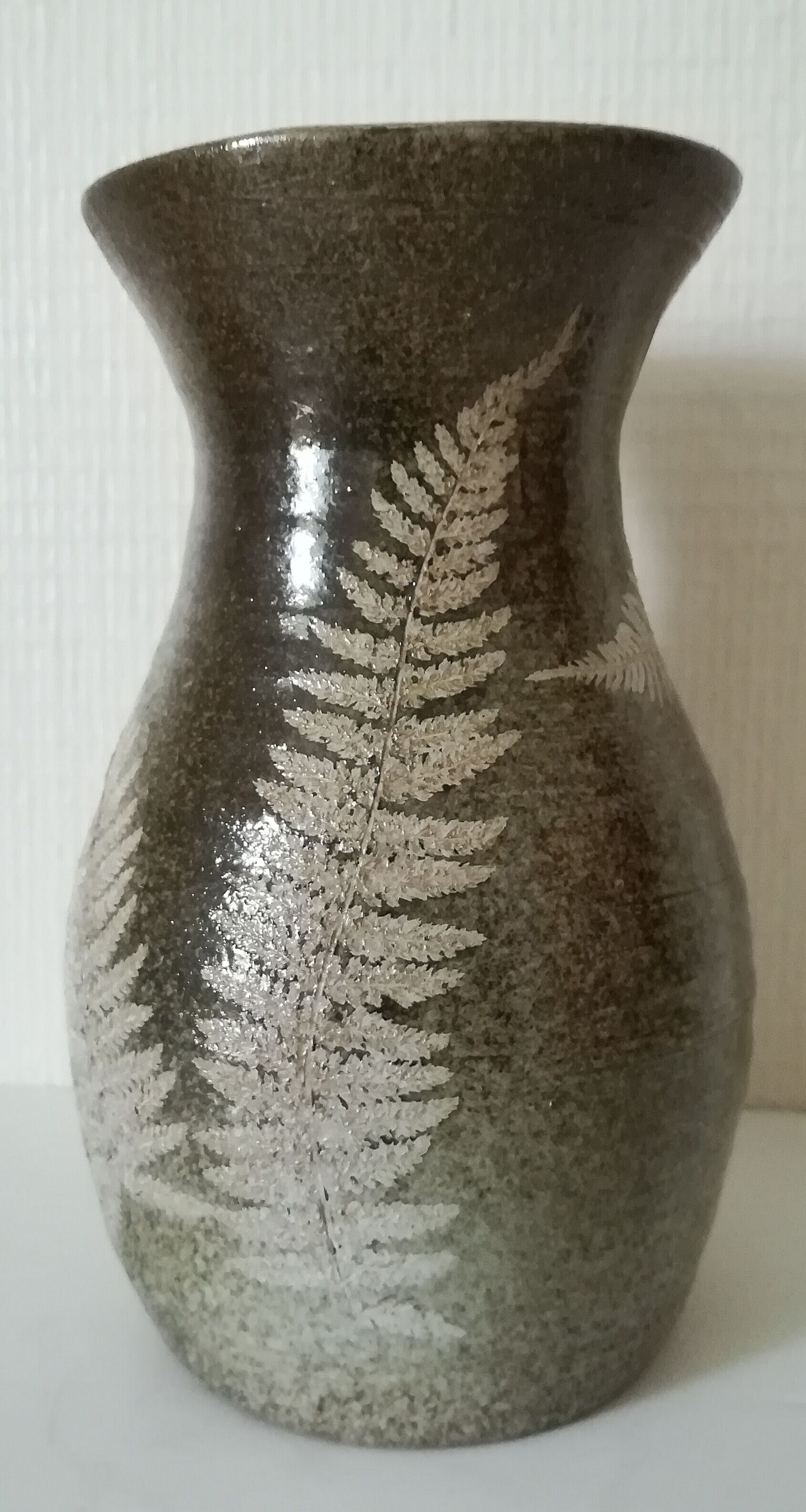 Vintage enamelled ceramic vase decorated with ferns