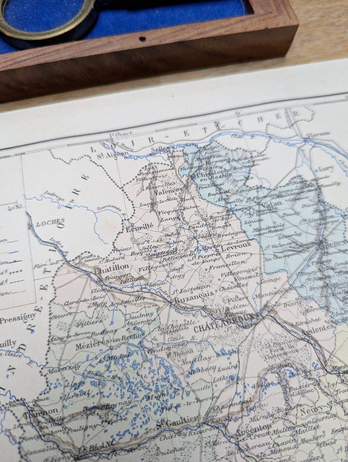Map of Indre, printed in 1889. Authentic Vintage.