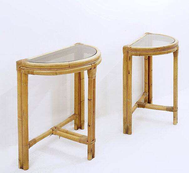 Pair of mid-century Italian half-moon bamboo and smoked glass console tables