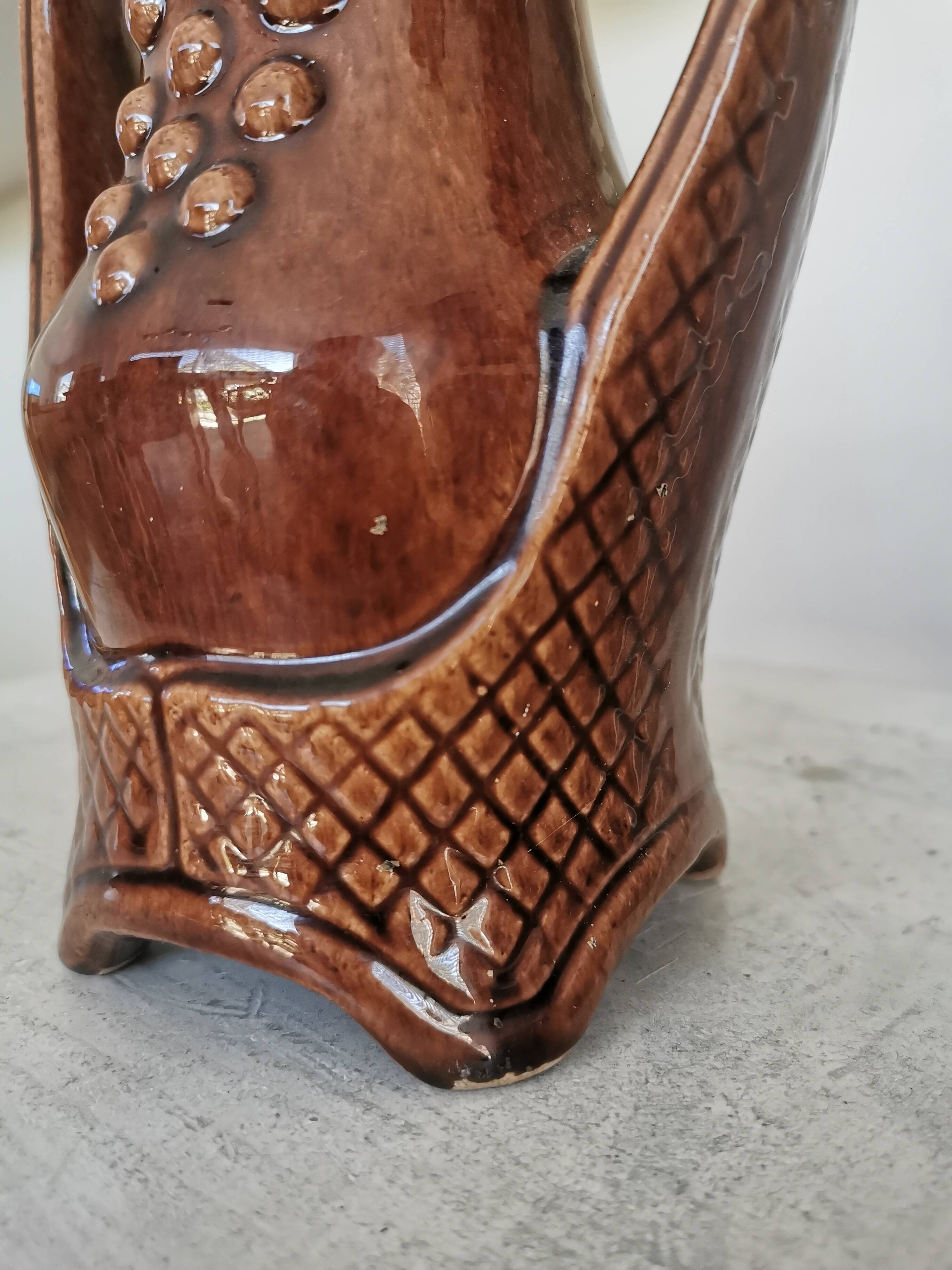Vintage Amphora Vase: Large Brown Glazed Pottery with Grape Motif
