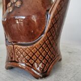 Vintage Amphora Vase: Large Brown Glazed Pottery with Grape Motif