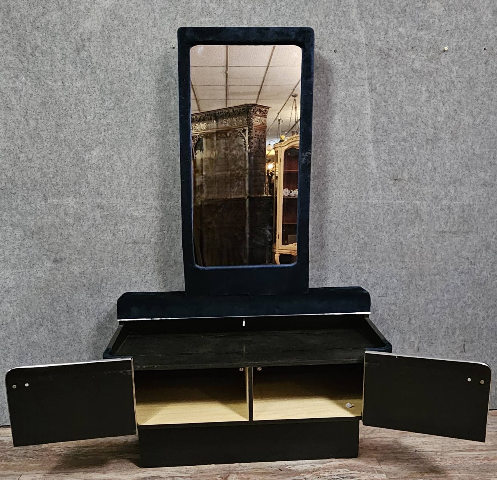 Dressing table / Art Deco furniture with mirror – Blue velvet – 1930s/40s