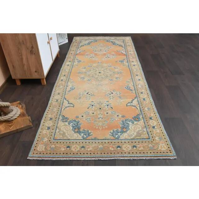 Vintage Turkish Hand-Knotted Wool Cotton Orange Runner Rug  118x304