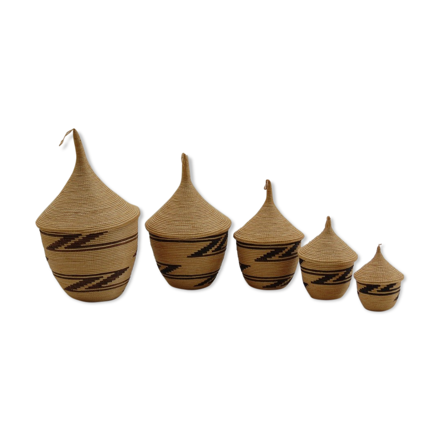 Set of 5 vintage tutsi rwanda rattan decorative lidded pots 1970s