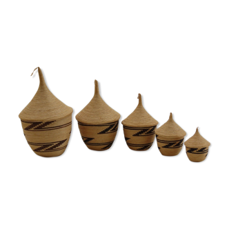Set of 5 vintage tutsi rwanda rattan decorative lidded pots 1970s