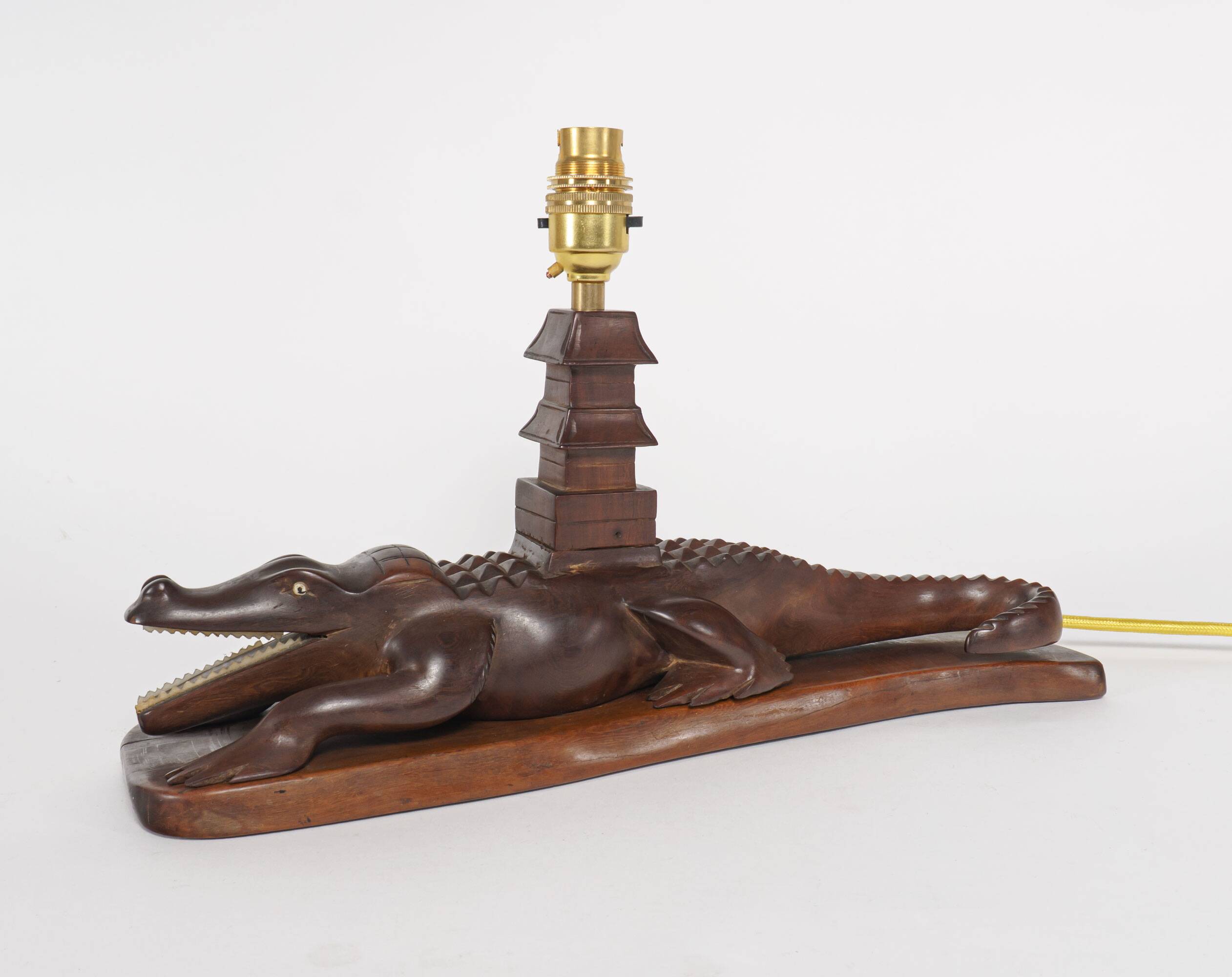 Vintage 1950s Carved Wooden Mahogany Crocodile Table Lamp