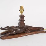 Vintage 1950s Carved Wooden Mahogany Crocodile Table Lamp