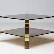 Table basse Hollywood Regency en verre fumé – Construction modulaire en laiton