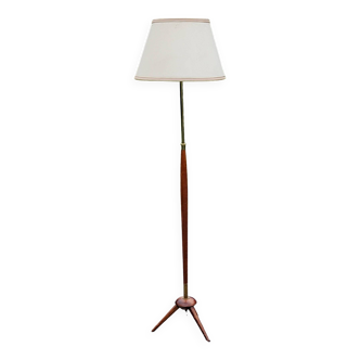 Lampadaire vintage tripode des années 60 en bois  et laiton