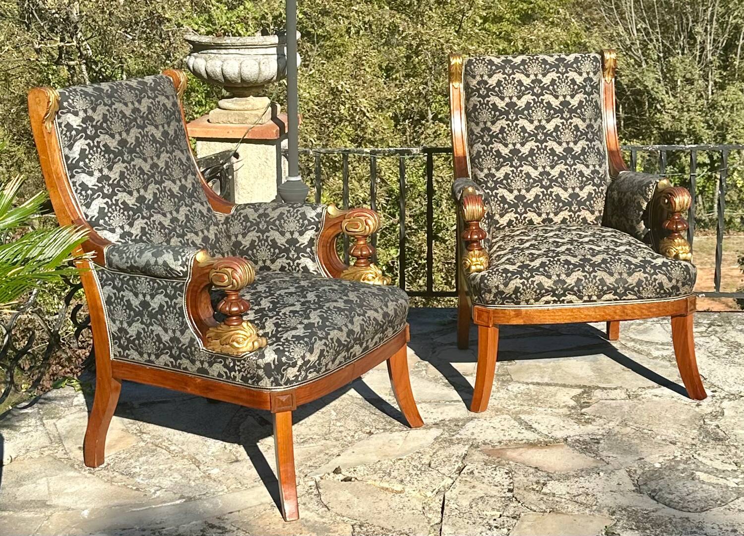 Pair of Mahogany Bergère Armchairs with Chimera Motifs, 19th Century