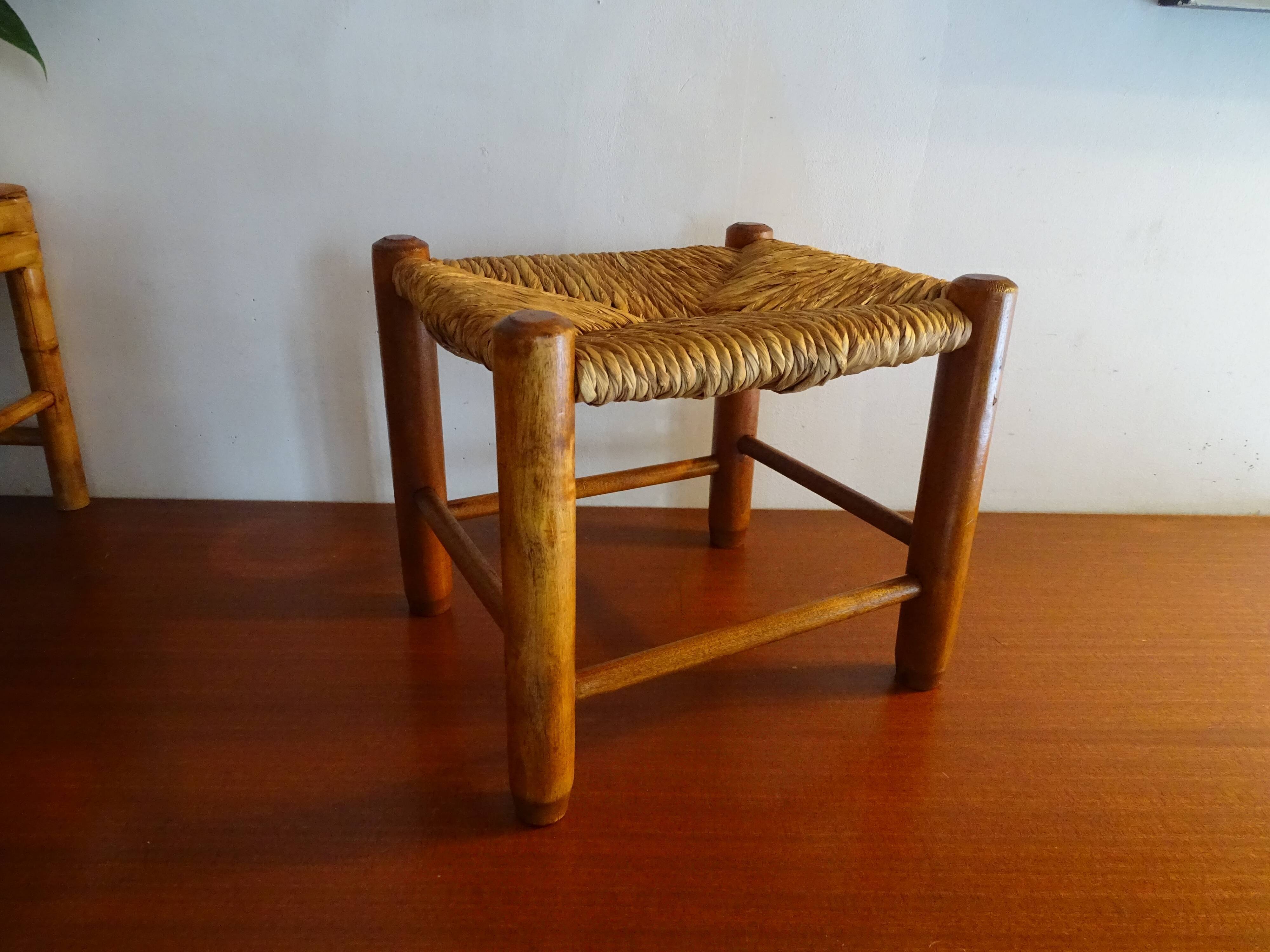Vintage straw wood low stool