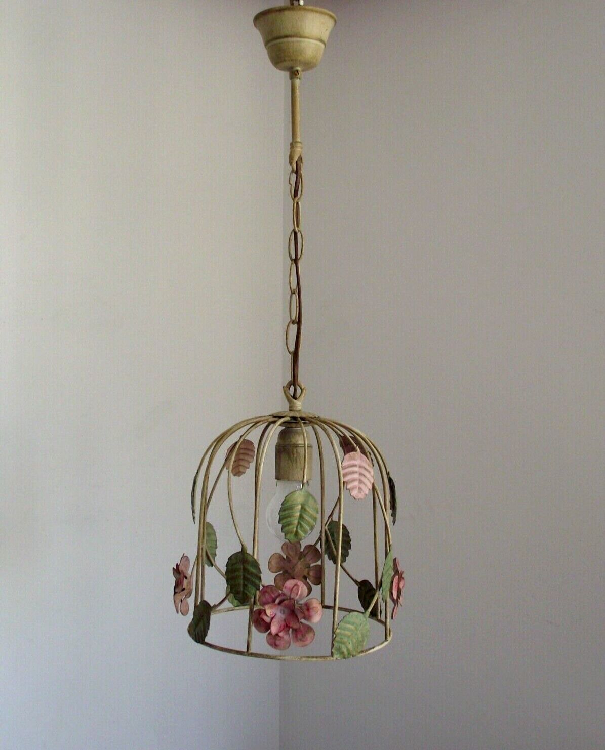 French vintage single bulb Toleware cage light with pink and green flowers
