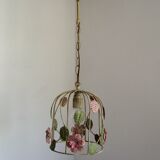 French vintage single bulb Toleware cage light with pink and green flowers