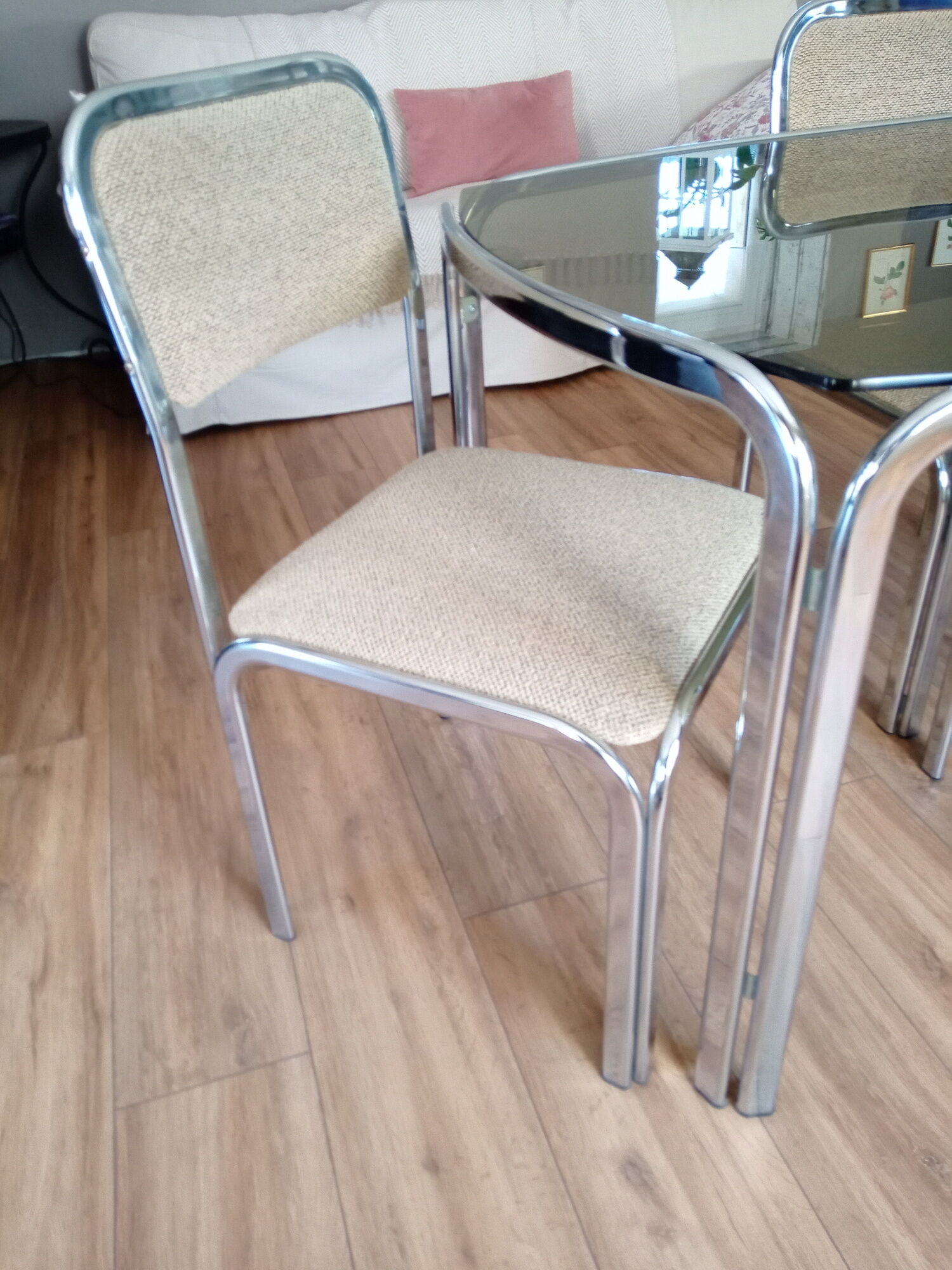 Table and 4 70s chairs chrome base and smoked glass tray chairs green water fabric