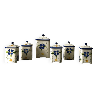 Ceramic set of 5 small spice jars and 1 large flour pot, floral decoration