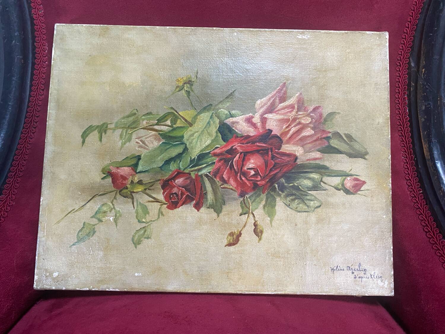Oil on canvas signed "armful of roses" old