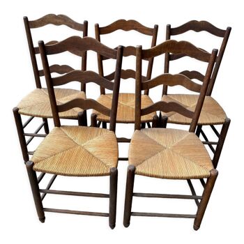 5 chaises rustiques paillées vers 1950