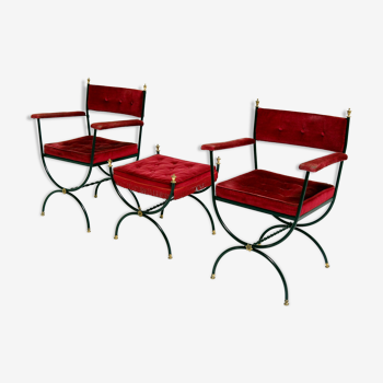 Mid-century Savonarola chairs and stool in cherry red velvet