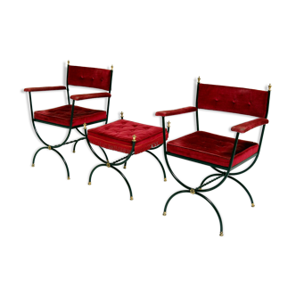 Mid-century Savonarola chairs and stool in cherry red velvet